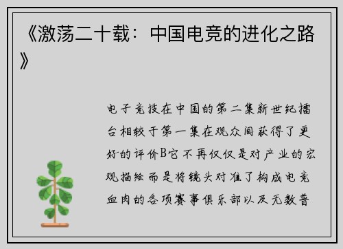 《激荡二十载：中国电竞的进化之路》